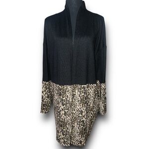 New Black & Leopard Colorblock Open Front Tunic Length Cardigan Sweater S/M NWOT